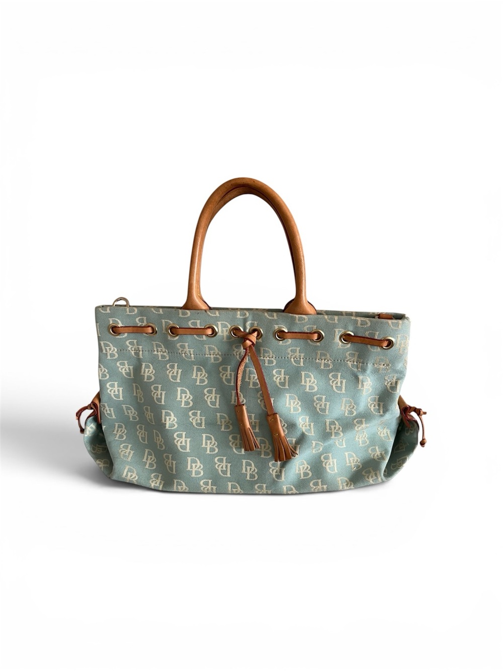 Dooney & Bourke Light Blue Logo Tote with Tan Leather Trim, Approx 13.5”x8”x6”